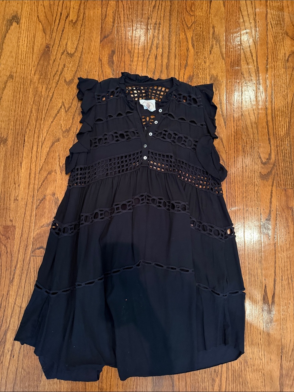 Sleeveless Black Crochet-Panel Tunic Top